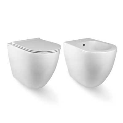 Kit sanitari Bloom vaso senza brida e bidet a pavimento con sedile bianco opaco