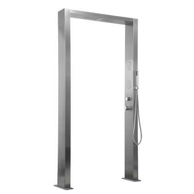 Acero Colonna doccia doppia da giardino a pavimento in acciaio inox con cascata getti idro lombari e doccetta