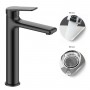 Rubinetto miscelatore canna alta per lavabo serie Atlantic in ottone nero opaco con piletta click clack