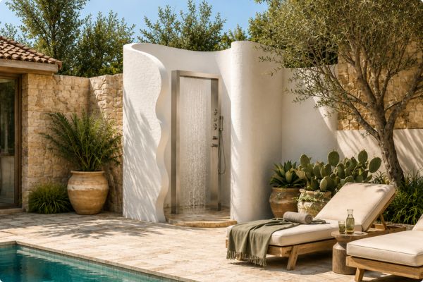 Acero Colonna doccia doppia da giardino a pavimento in acciaio inox con cascata getti idro lombari e doccetta